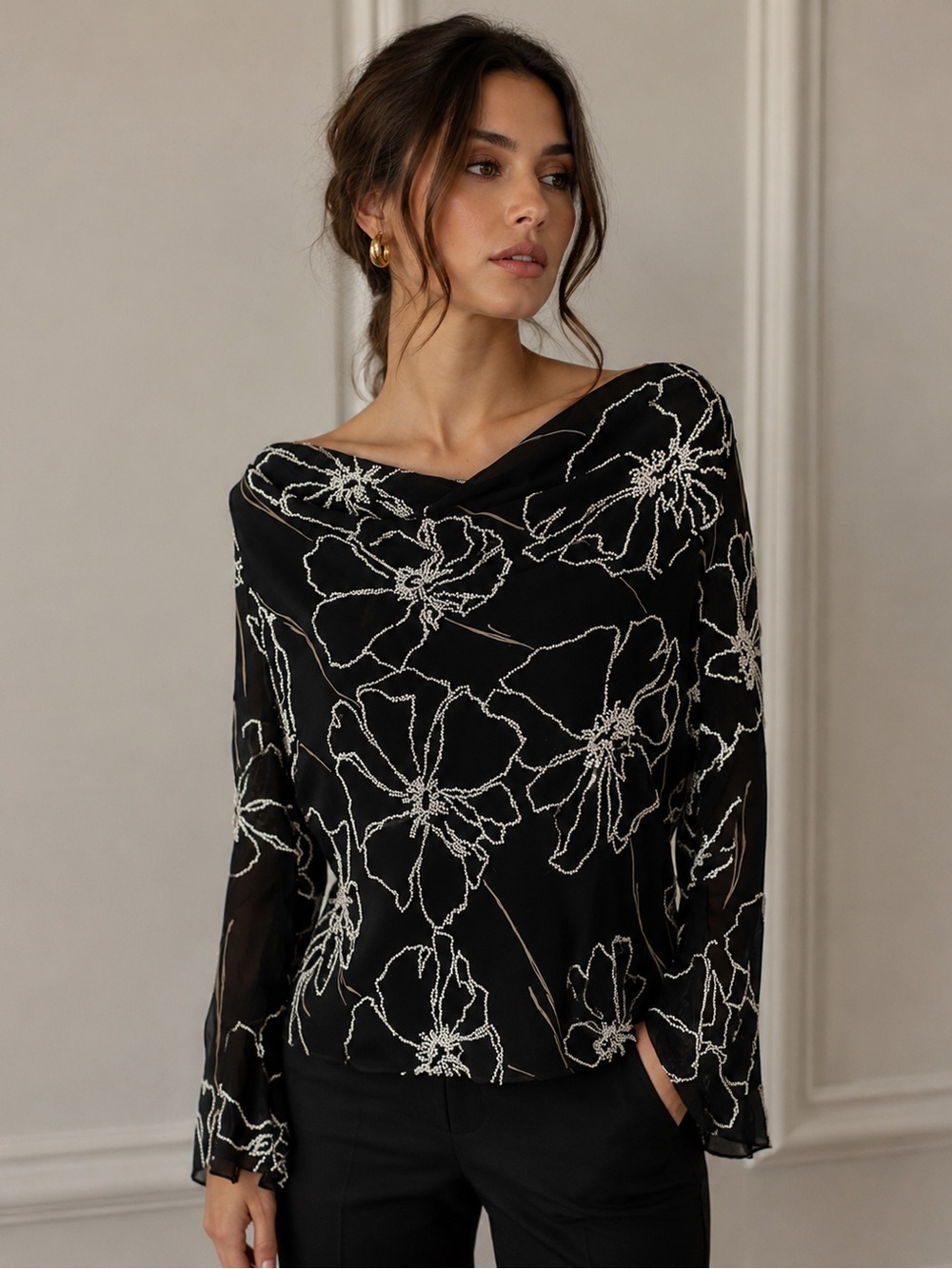 Black chiffon and White bead floral pattern Women's Top